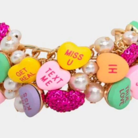 Betsey Johnson Think Pink Sweetheart Conversation Heart Toggle Bracelet - Picture 2 of 4
